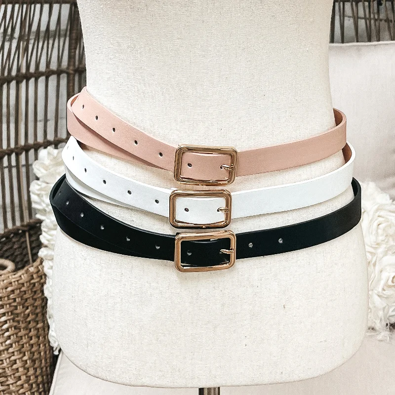 Fashion belt with burnished finish-Set of Three | Skinny Fashion Belts in Black, White, and Nude