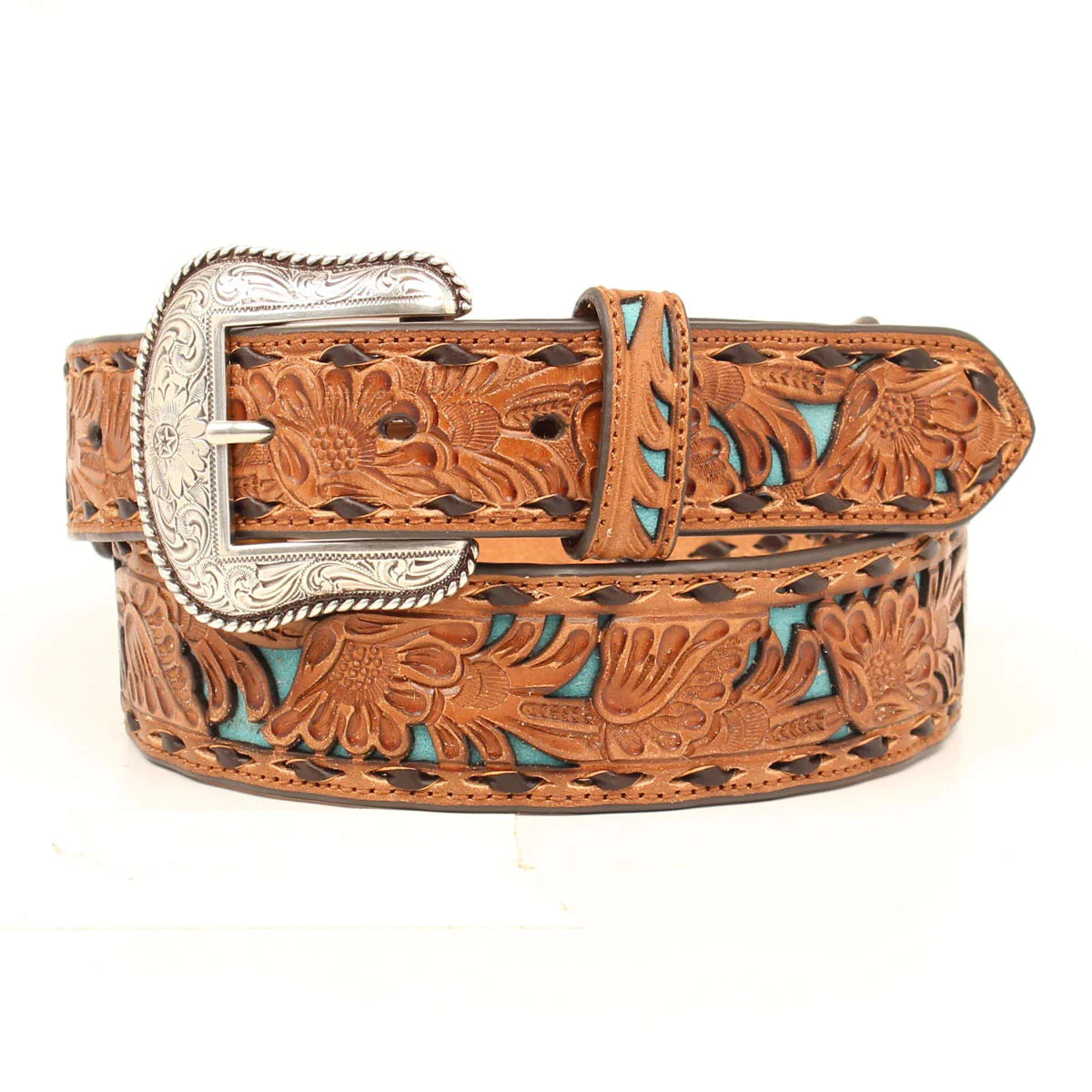 Mens Belts snap-Nocona Belt Co. Men's Tan & Turquoise Inlay Floral Western Belt