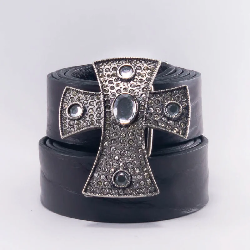 Black Leather Belt soft-Crystal Cross Belt Buckle