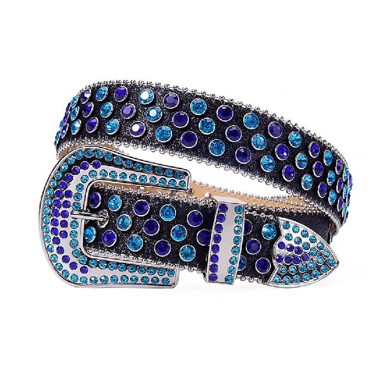 belt buckle ebay deal-Shiny Black Strap With Blue & Purple Rhinestone Belt