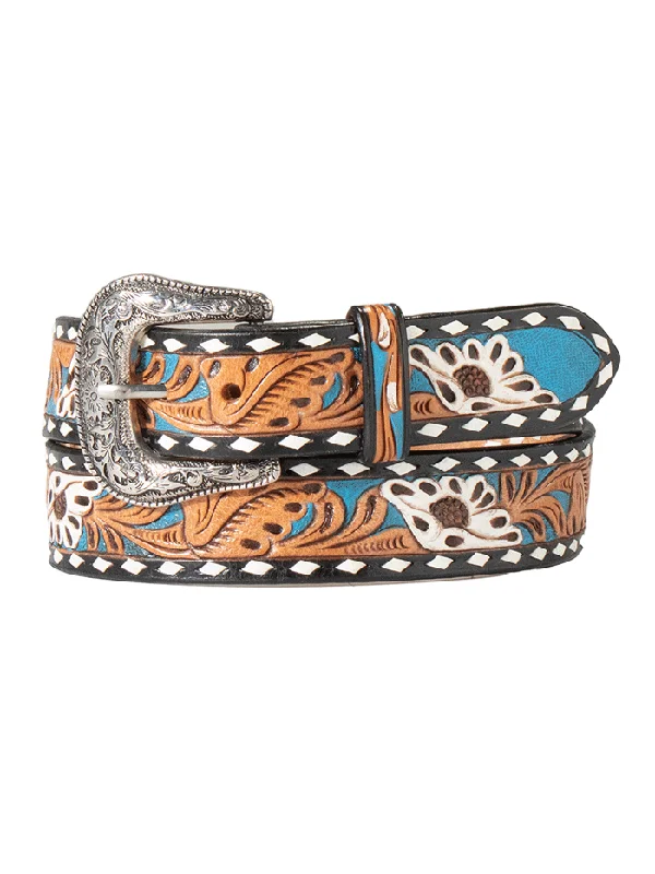 Womens Belts bar buckle-Nocona N320000888 Womens Hand Tooled Painted Floral Inlay Belt Black And Blue