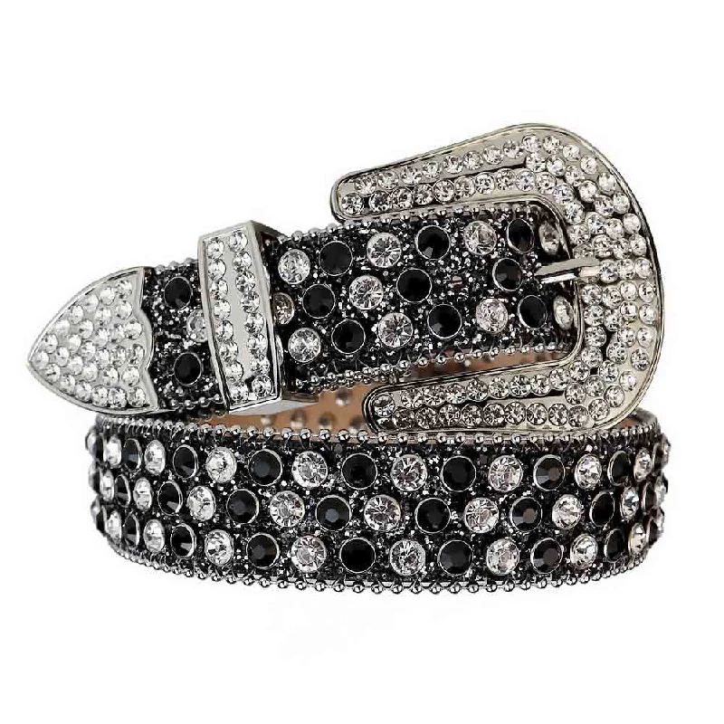 belt buckle stable wear-Black Strap With Black & White Studded Rhinestone Belt