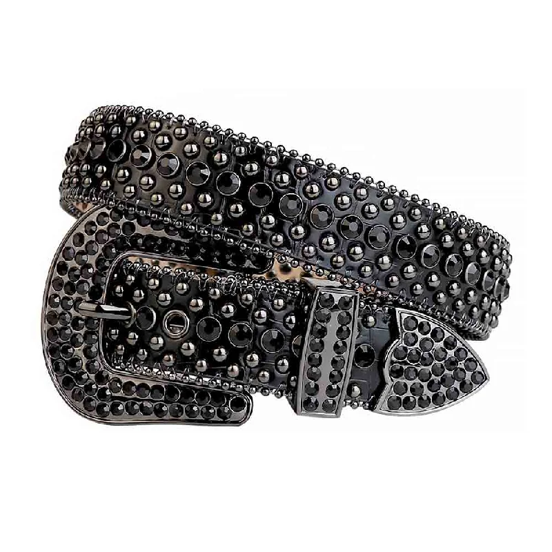 belt buckle equestrian gear-Rhinestone Studded Black Leather Belt with Black Stones