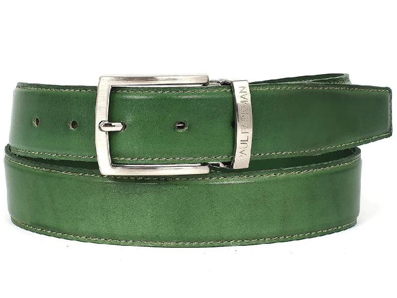 Mens Belts microfiber-PAUL PARKMAN Men's Leather Belt Hand-Painted Green (ID#B01-LGRN)