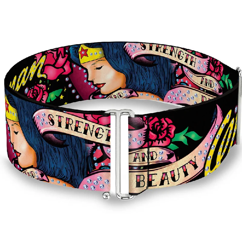 Womens Belts tale nod-Cinch Waist Belt - WONDER WOMAN Roses STRENGTH AND BEAUTY Black-Pink Fade