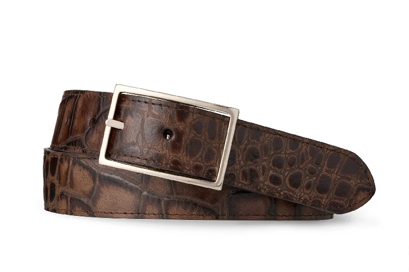 Reversible Pebbled Calf and Embossed Crocodile Belt with Nickel Buckle