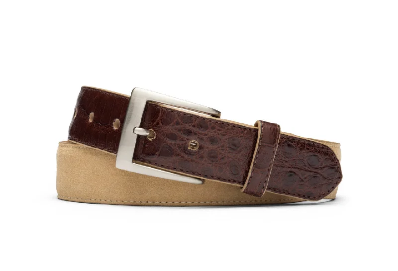 Suede and Caiman Crocodile Belt with Nickel Buckle