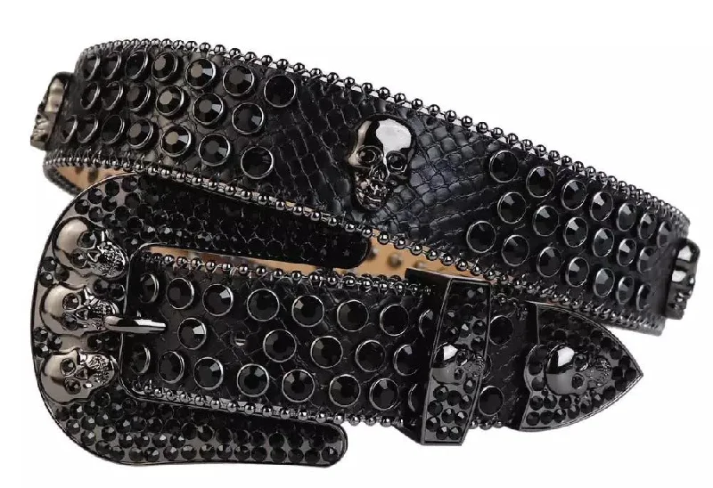 belt buckle thrift find-Black Strap With 7 Skulls Black Studded Rhinestone Belt