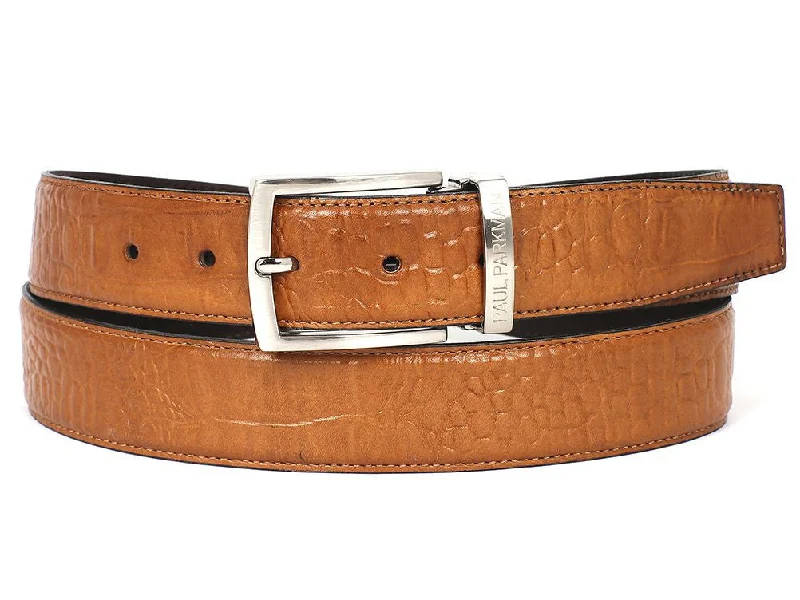 Mens Belts magnetic-PAUL PARKMAN Men's Croc Embossed Calfskin Belt Camel (ID#B02-CML)