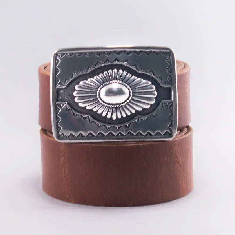 Black Leather Belt handmade-Silver Bullseye Belt Buckle