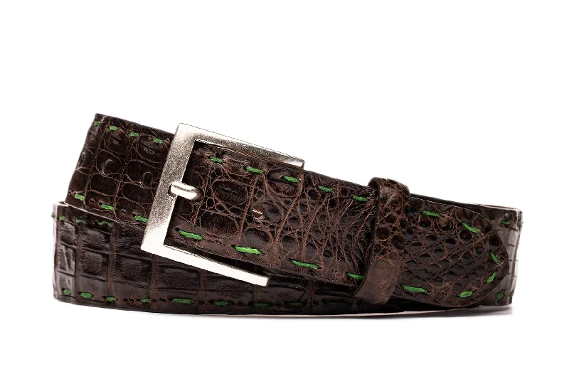 Matte Caiman Crocodile Belt with Off-White Straight Stitch and Antique Nickel Buckle