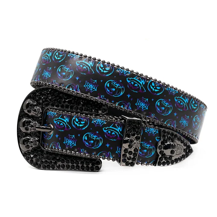 belt buckle welder style-Skull Buckle Halloween Strap Belt with Black Studded Rhinestones