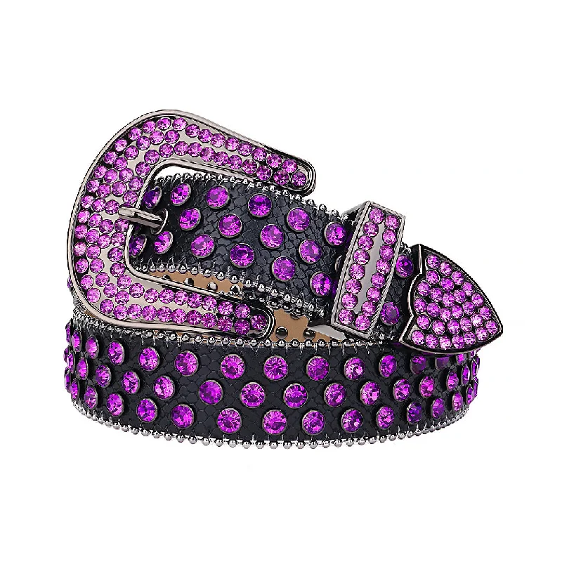 belt buckle premium packaging-Black Strap With Purple Shiny Rhinestone Belt