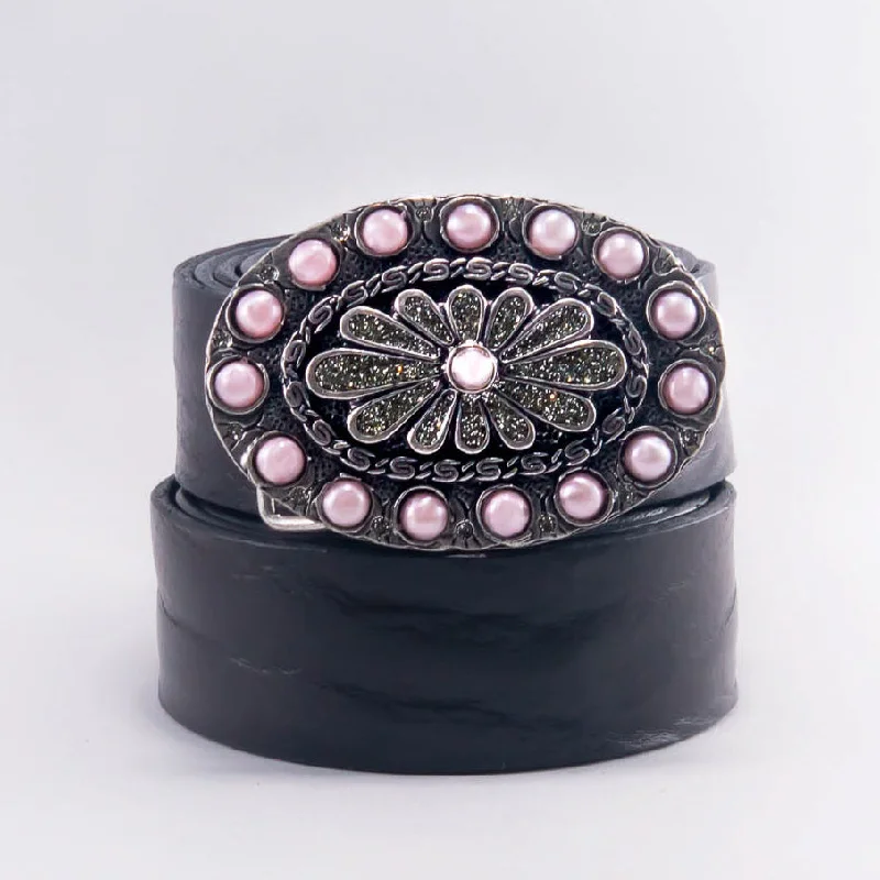 Black Leather Belt size 36-Pink Crystals Belt Buckle