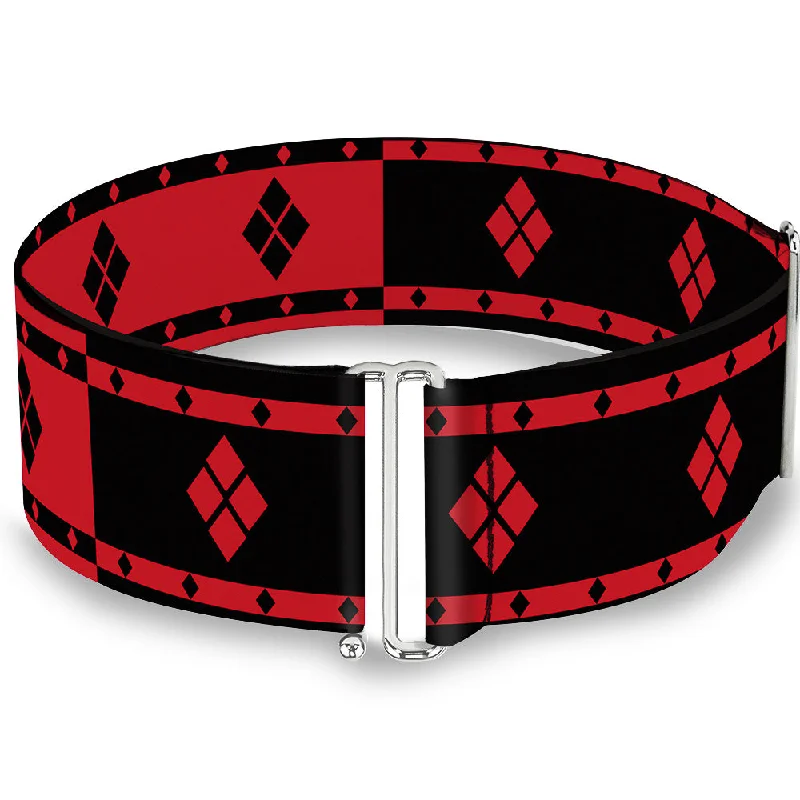 Womens Belts show chic-Cinch Waist Belt - Harley Quinn Diamonds Stripe Split Red Black Black Red