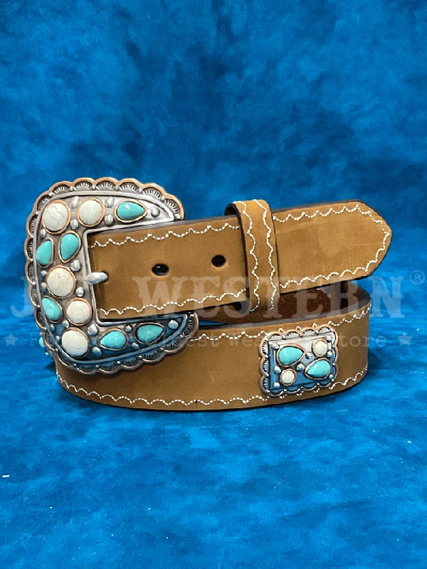 Womens Belts lift twist-Angel Ranch D140007502 Womens Rectangle Scalloped Conchos Belt Tan