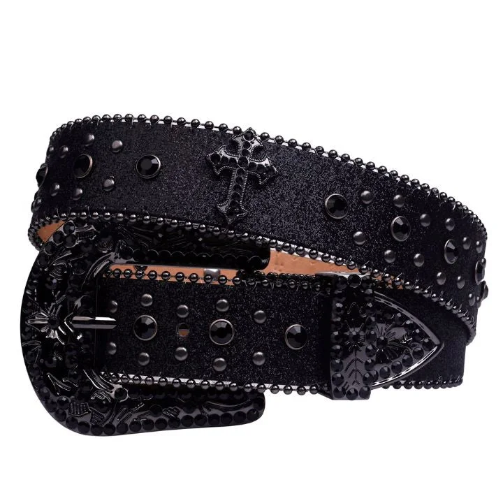 belt buckle construction use-Black Cross Stones With Black Studded Rhinestone Belts