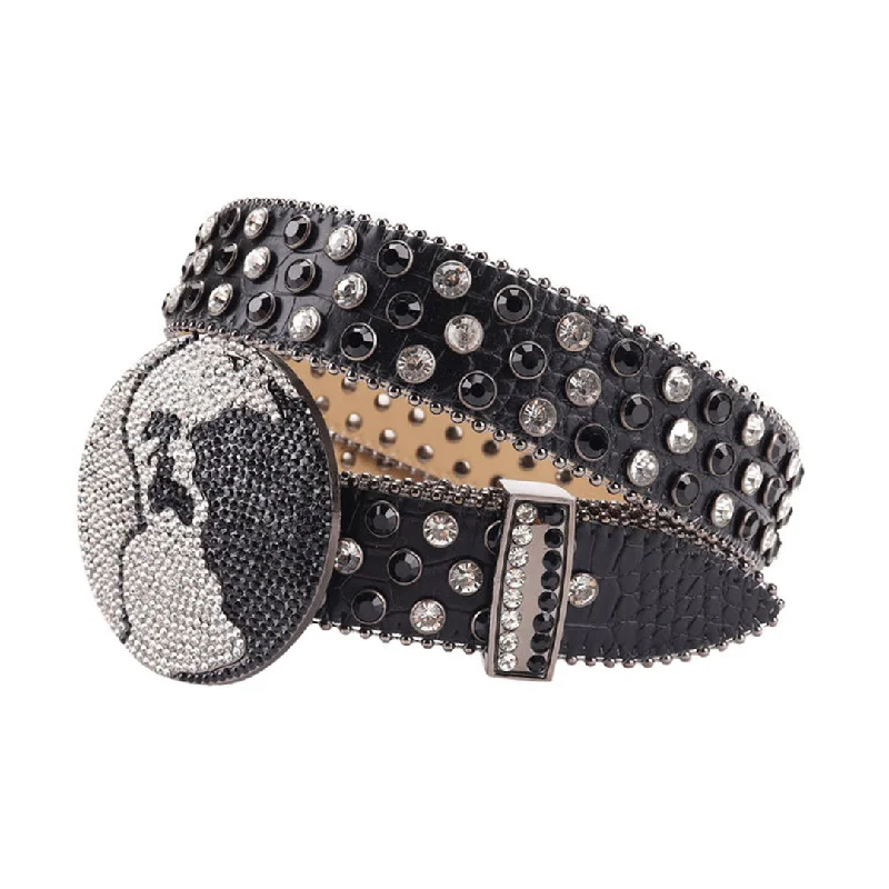 belt buckle weatherproof-Black Strap Earth World Buckle Belt With Silver & Black Studded Rhinestone