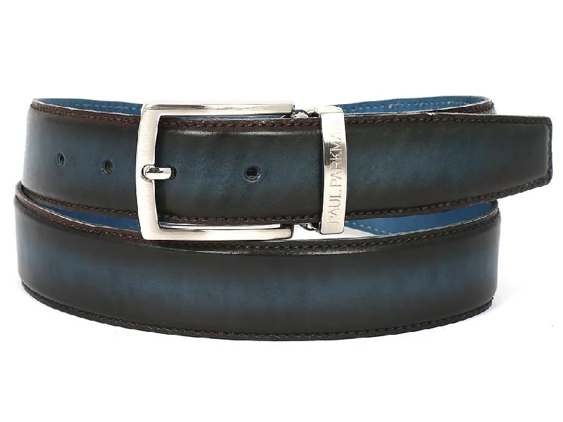 Mens Belts modern-buckle-PAUL PARKMAN Men's Leather Belt Dual Tone Brown & Blue (ID#B01-BRW-BLU)