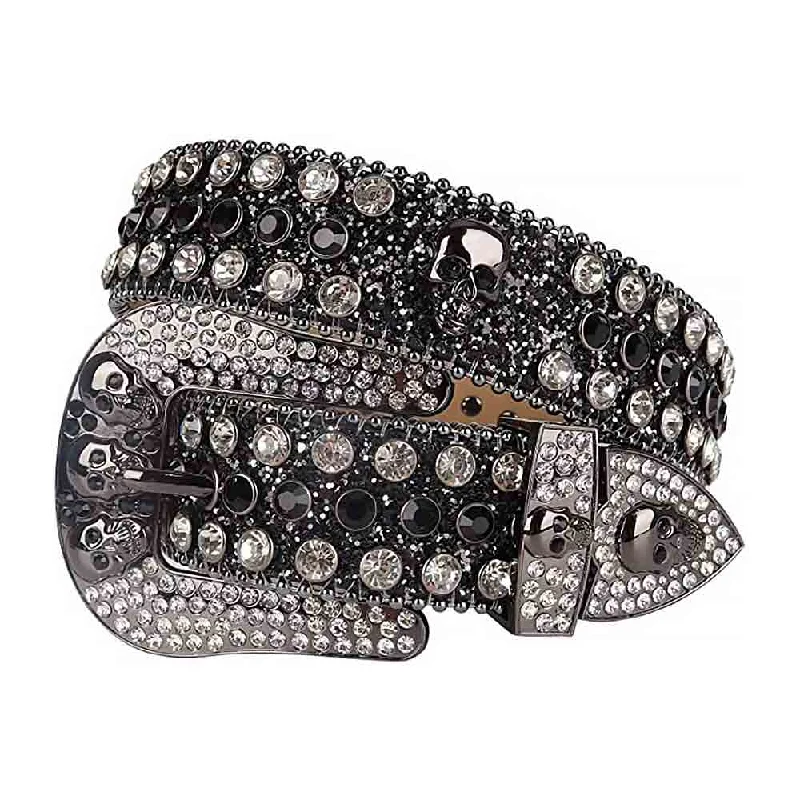 belt buckle waterproof seal-Rhinestones Glitter Black Leather Belts Skull Buckle With Black And Crystal White Stones