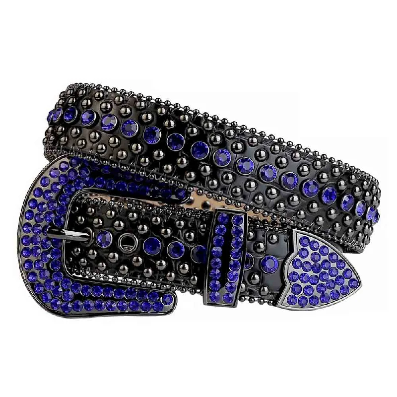 belt buckle monthly delivery-Black Strap With Black & Blue Studded Rhinestone Belt