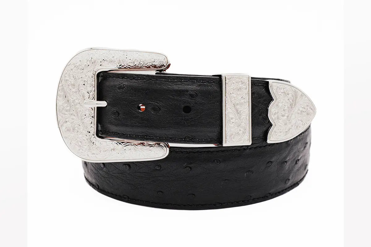 belt buckle recycled material-Black "The Taylor" Full Quill Ostrich Leather Belt