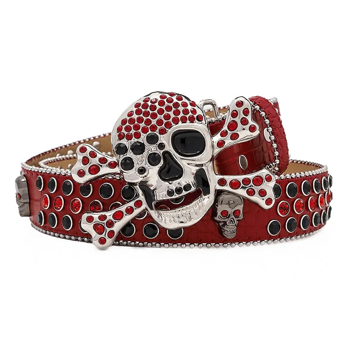 belt buckle rancher theme-Skull Buckle Red Strap Belt with Black and Red Studded Rhinestones