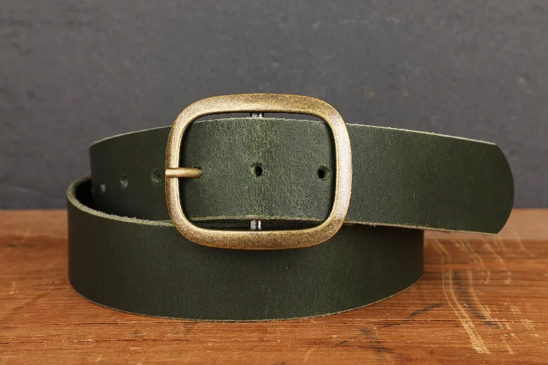 Wide Belt Brand Name-Wide Dark Green Leather Belt with Brass Buckle - Minimalist Design, Easy Buckle Switch with Snap Closure in Water Buffalo