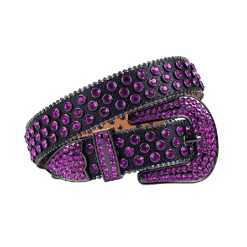 belt buckle laser etched-Black Strap With Purple Studded Rhinestone Belt