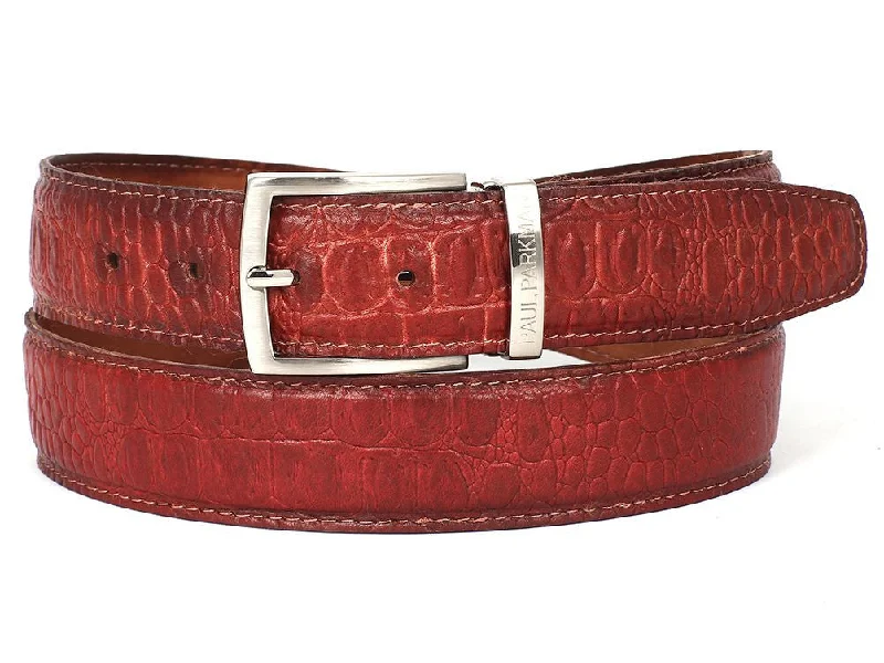 Mens Belts slide-PAUL PARKMAN Men's Croc Embossed Calfskin Belt Reddish (ID#B02-RDH)