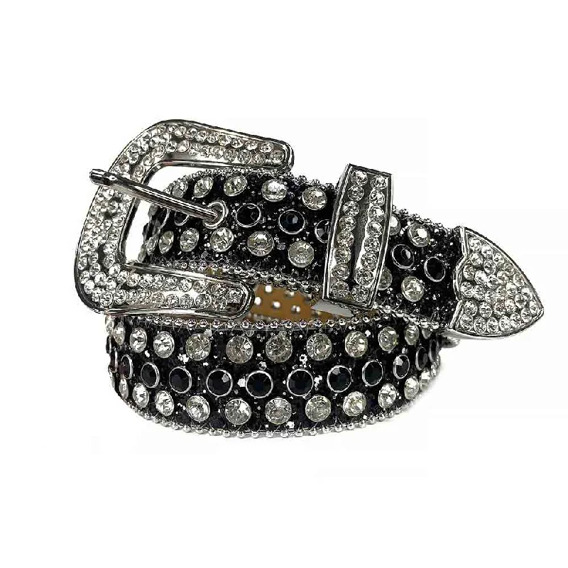 belt buckle electrician gear-Black Strap With Black & Diamond White Studded Rhinestone BB Belt