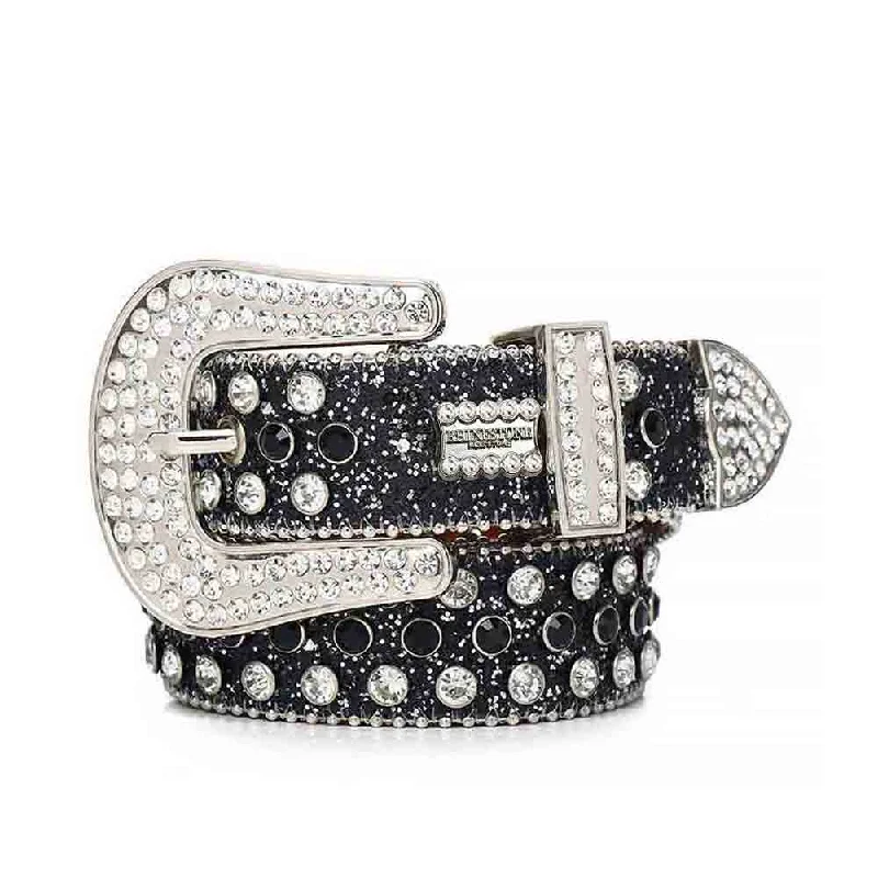 belt buckle hand painted-Glitter Black Strap With Black & Crystal Studded Rhinestone Belt