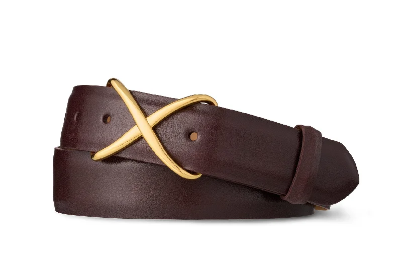 Glazed Calf Belt with Gold X Buckle