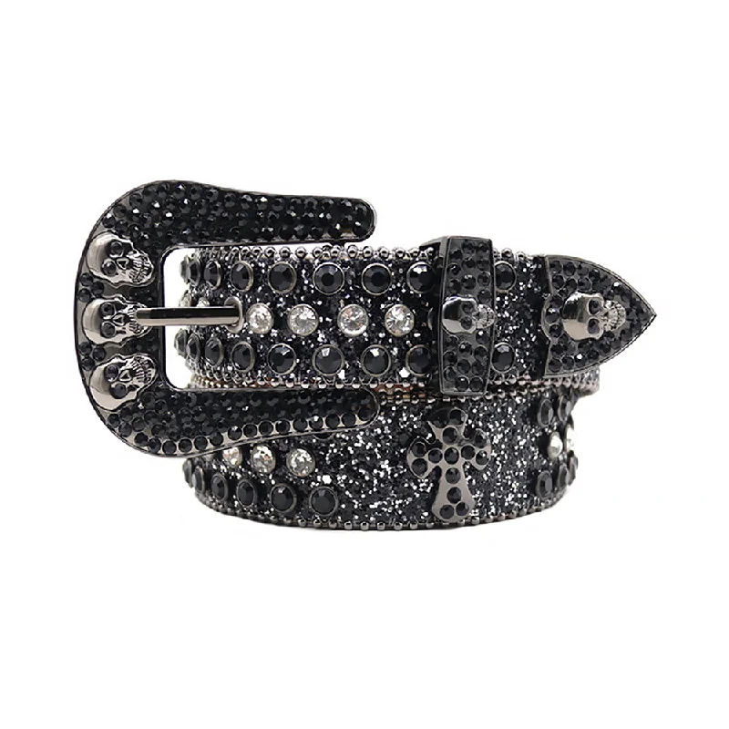 belt buckle exclusive deal-Skull Buckle Black Strap With Black & Crystal Rhinestone Belt