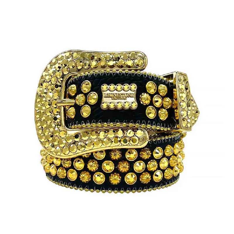 belt buckle second hand-Black Strap With Gold Studded BB Rhinestone Belt