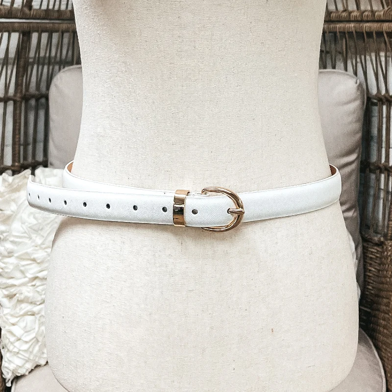 Fashion belt with striped pattern-Happy Attitude Skinny Fashion Belt with Gold Tone Buckle in White