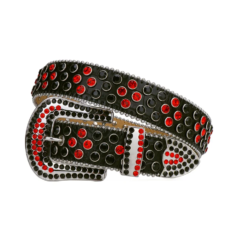 belt buckle amazon find-Black Strap With Red & Black Shiny Rhinestone Belt