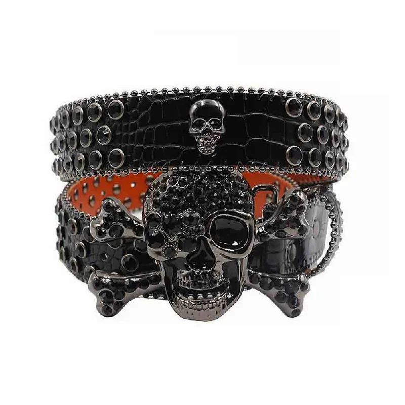 belt buckle rust resistant-Metal Skull Black Crocodile Strap With Black Studded Rhinestone Diamond Belt