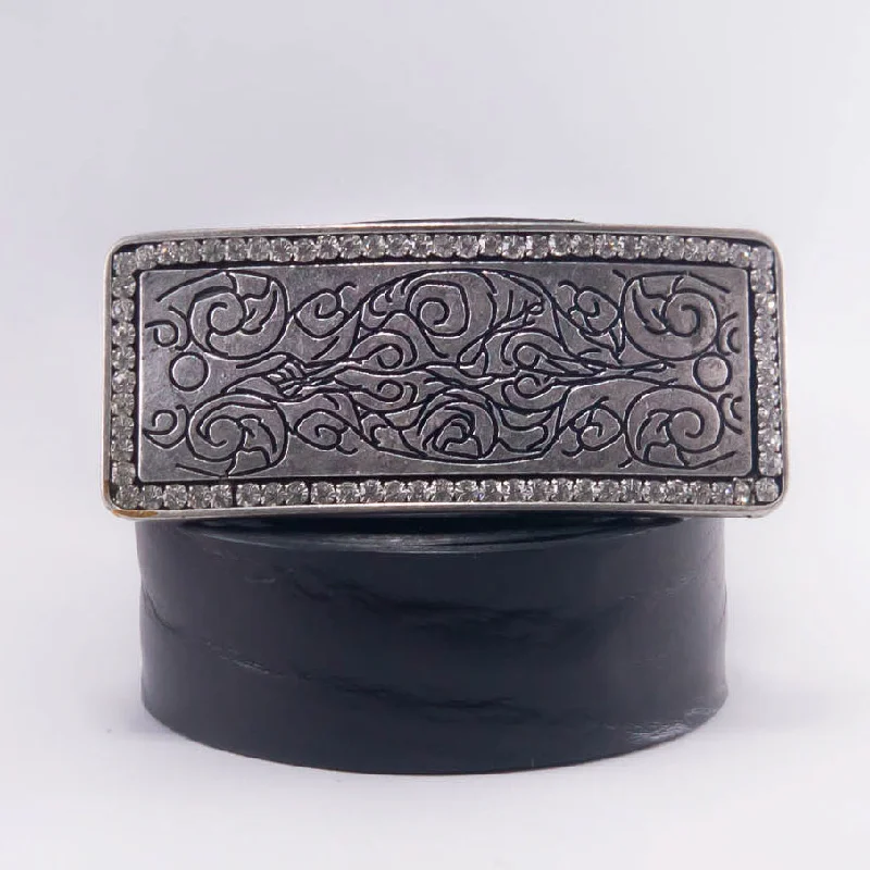 Black Leather Belt for client-Rustic Engravings with Crystals Belt Buckle