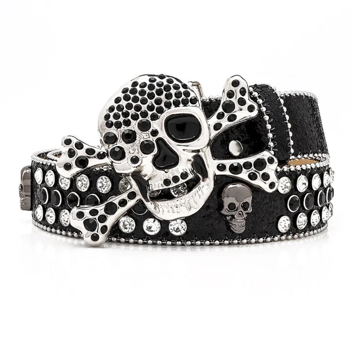 belt buckle rodeo event-Skull Buckle Black Strap Belt with Black and White Studded Rhinestones