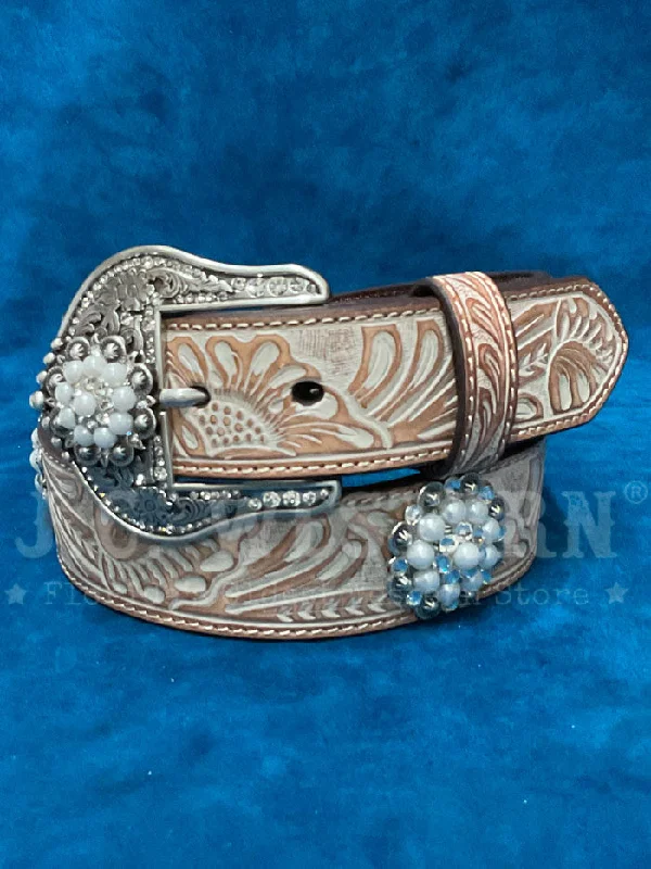 Womens Belts leap wrap-Ariat A1566548 Womens Pearl Conchos Floral Embossed Belt Natural