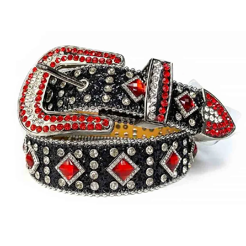 belt buckle machine made-Black Strap With Big Red & Transparent Studded Rhinestone Belt