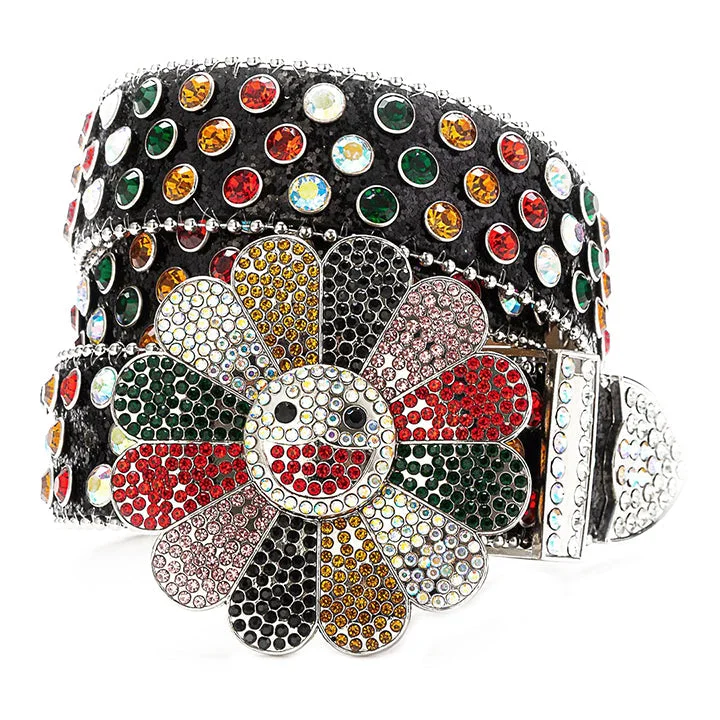 belt buckle mechanic tool-Flower Buckle Black Strap Belt with Multi-Color Studded Rhinestones