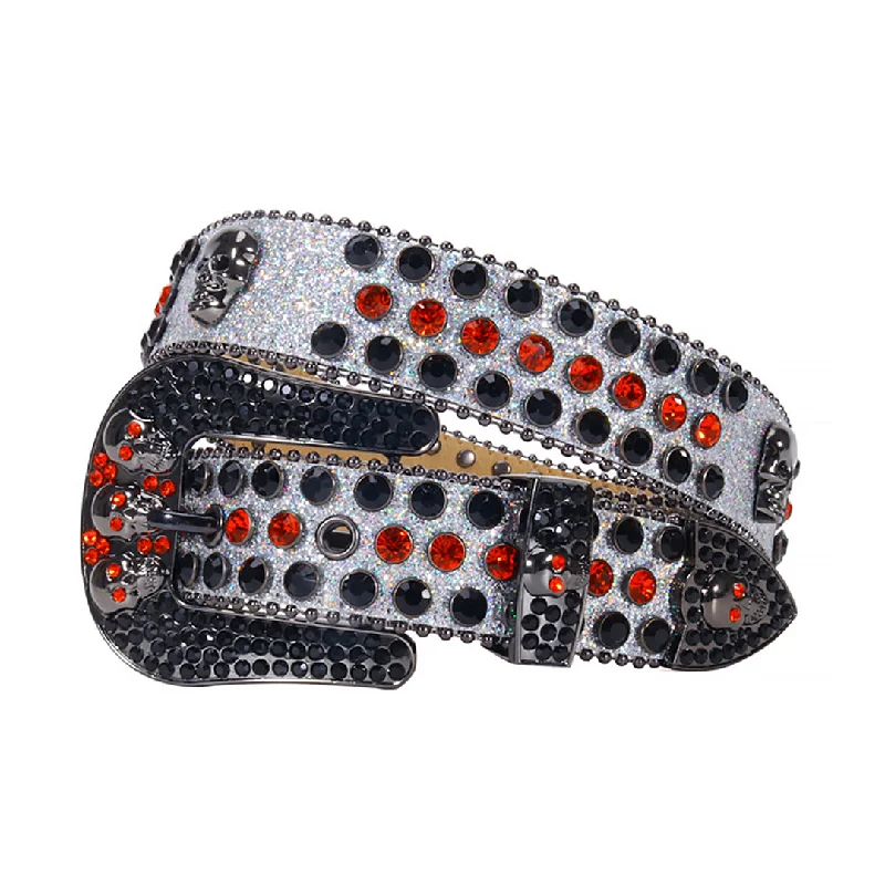 belt buckle clearance sale-Skull Grey Glittery Strap With Black & Red Rhinestone Belt