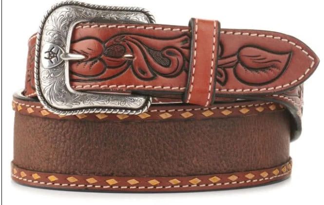 Mens Belts reinforced-ARIAT Men's Brown Tooled Floral Western Belt