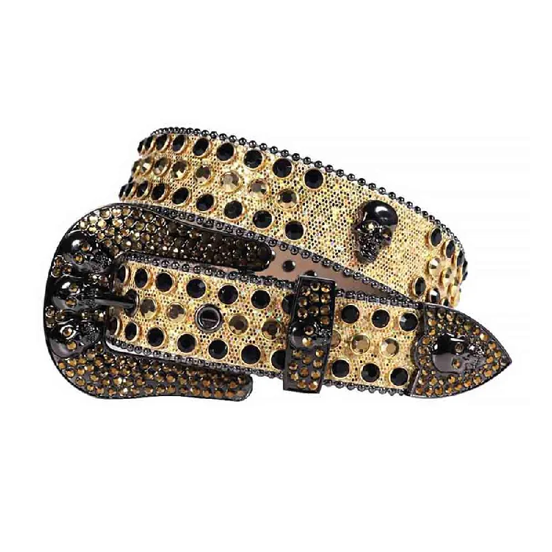 belt buckle promo offer-Rhinestones Glitter Gold Leather Strap Skull Buckle Belts With Black And Gold Stones