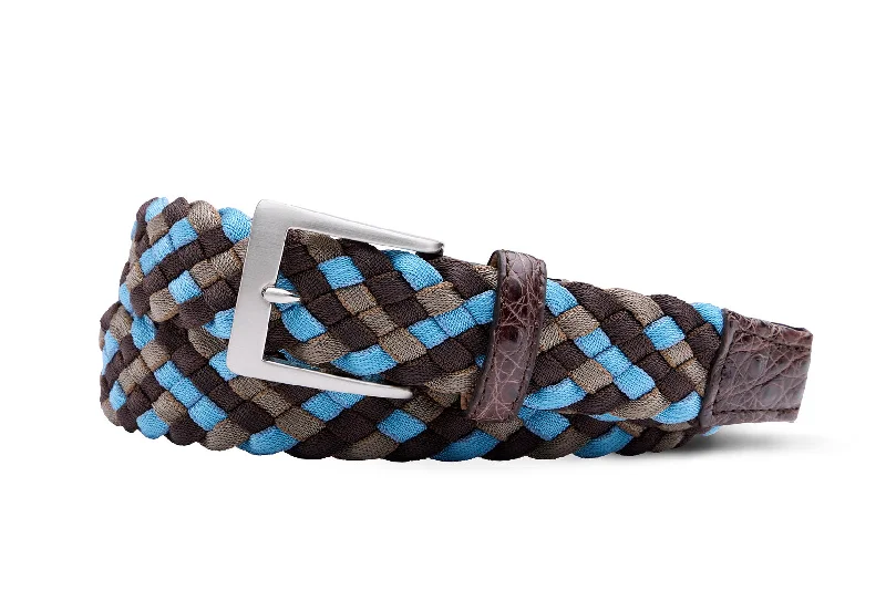 Chocolate/Sky Blue Stretch Cord Belt with Croc Tabs and Brushed Nickel Buckle