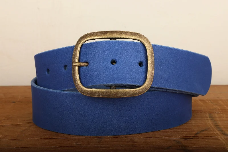 Wide Belt Domestic-Electric Blue Wide Leather Snap Belt with Gold Tone Antique Brass Belt Buckle