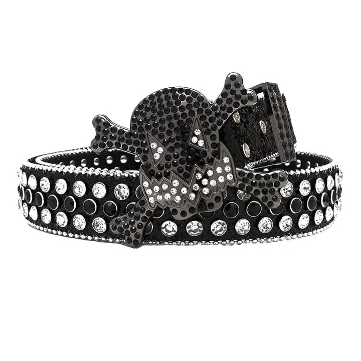 belt buckle bull riding-Gengar Buckle Black Strap Belt with Black & Crystal Studded Rhinestones