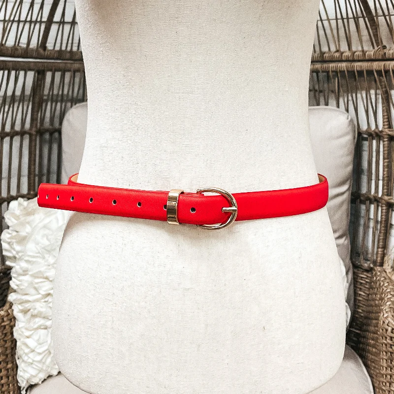 Fashion belt for pleated skirts-Happy Attitude Skinny Fashion Belt with Gold Tone Buckle in Red